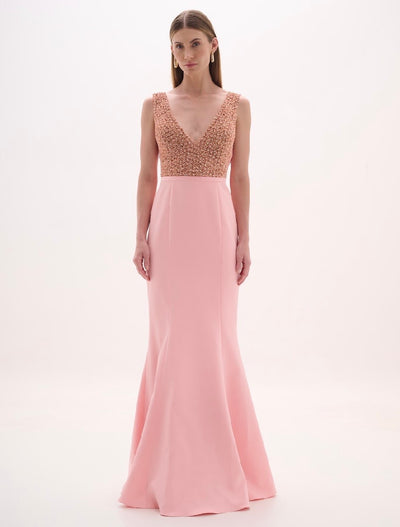 Pink Hand Beaded Oversized Back Ruffled Tie Dress