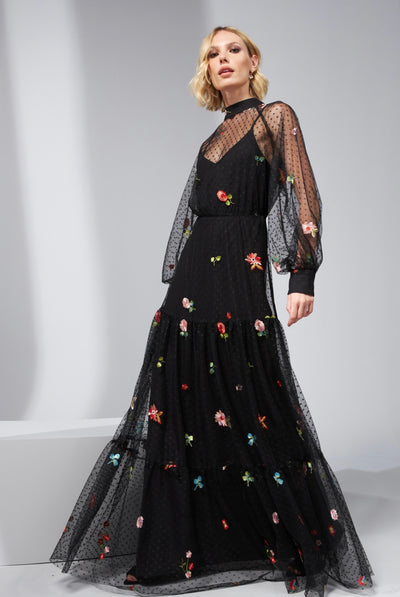 Black Full Dress with Embroidered Flowers