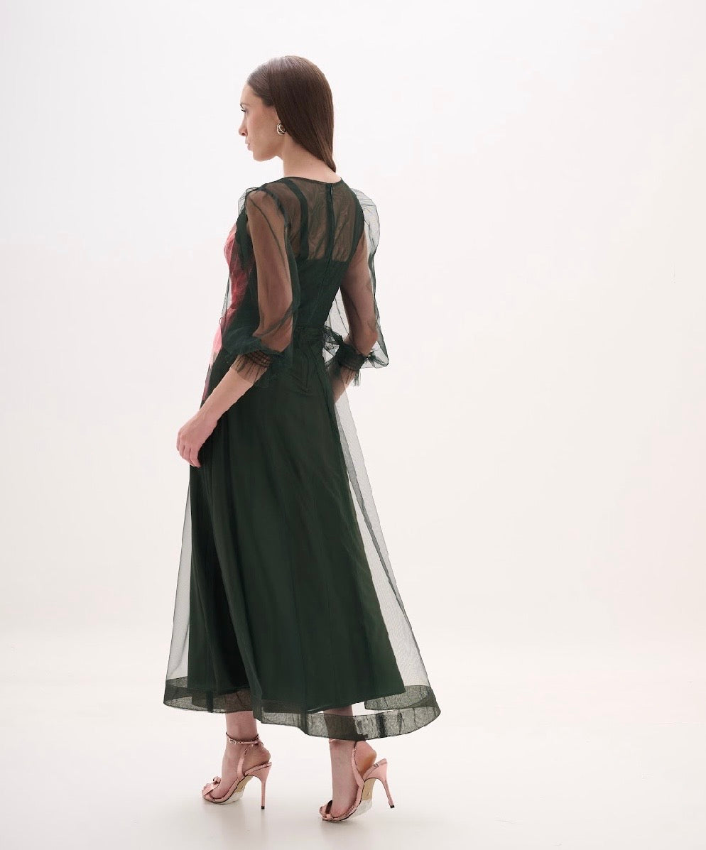 Green and Pink Rose Tulle Midi Dress
