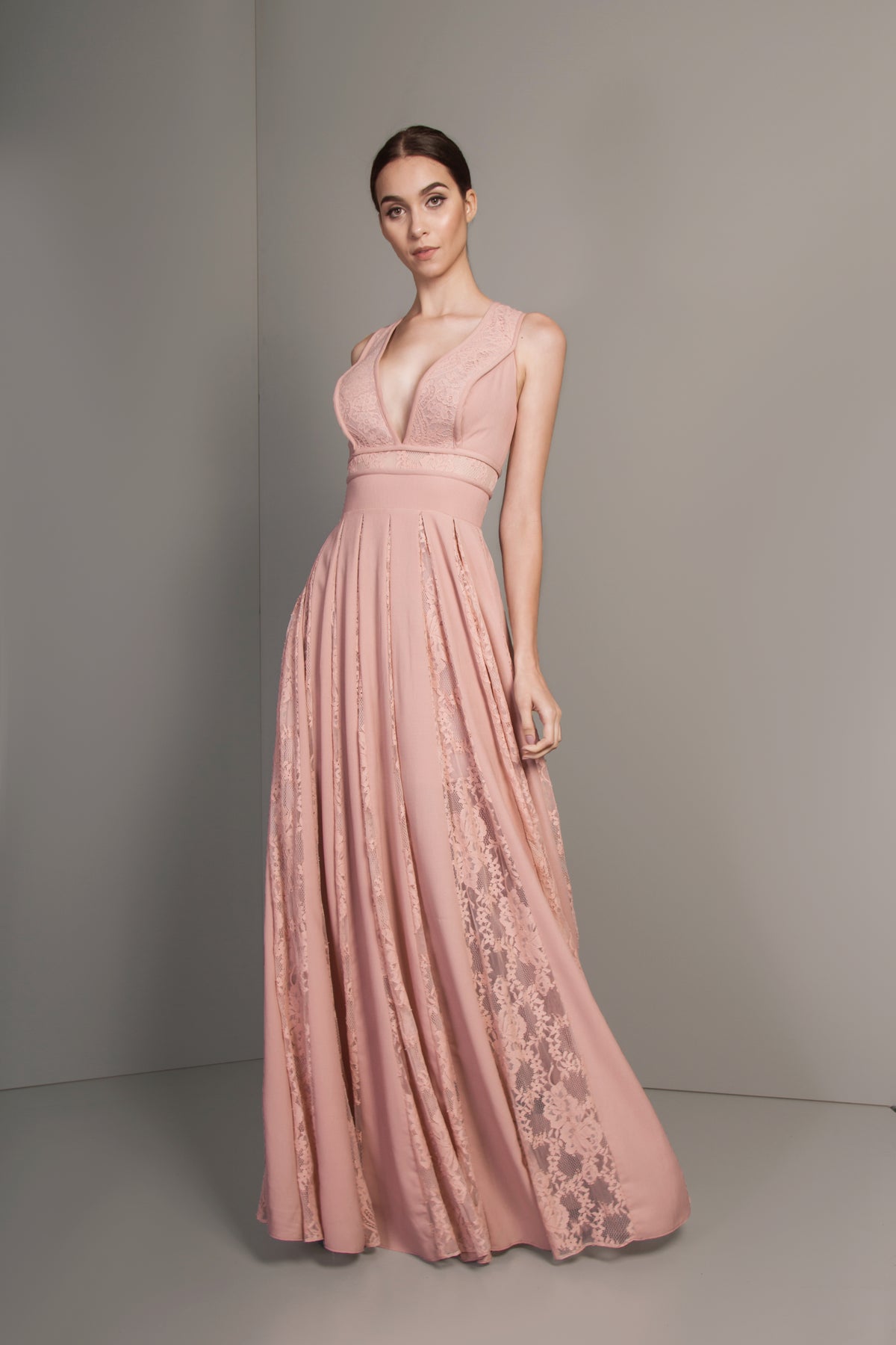 Nude Lace Pleated Long Dress