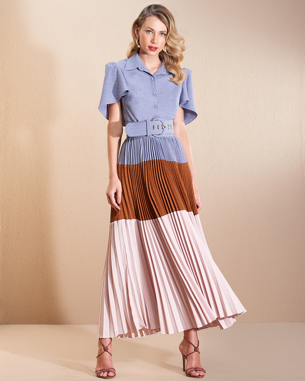 Tri Color Button Up Pleated Midi Dress