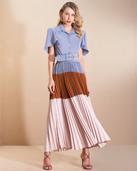 Tri Color Button Up Pleated Midi Dress