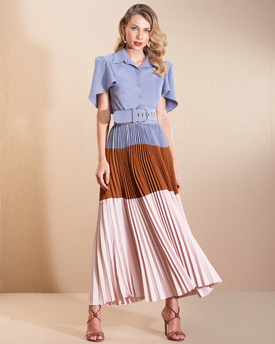 Tri Color Button Up Pleated Midi Dress