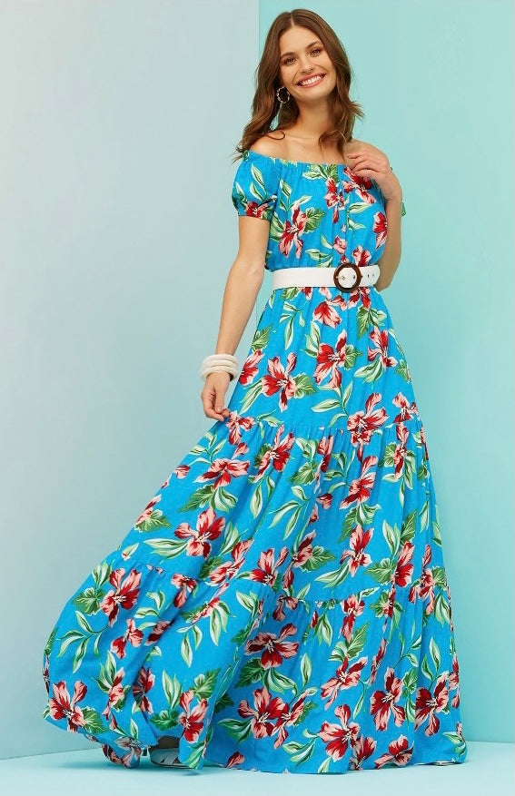 Turquoise Blue Floral Short Sleeved Dress
