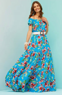 Turquoise Blue Floral Short Sleeved Dress