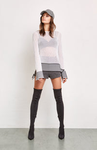 White Knit Long Sleeve Top with Houndstooth Band at Cuff and Waist
