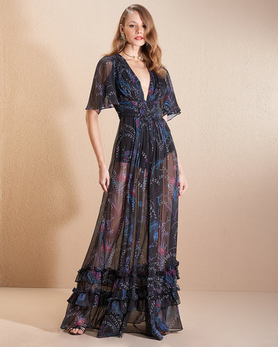 Black Floral Short Sleeve Ruffled Dress