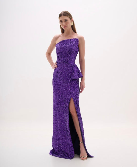 Purple Strapless Peplum Sequin Gown