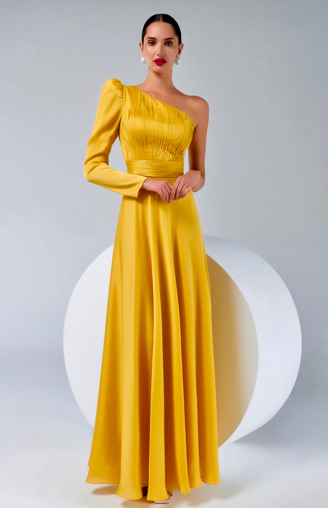 Light Mustard One Shoulder Gown
