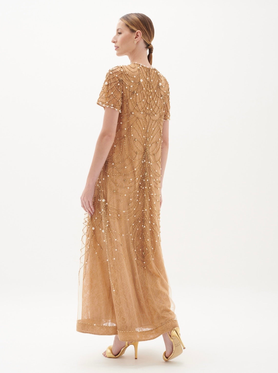 Gold Lace Pearls Beaded Dress