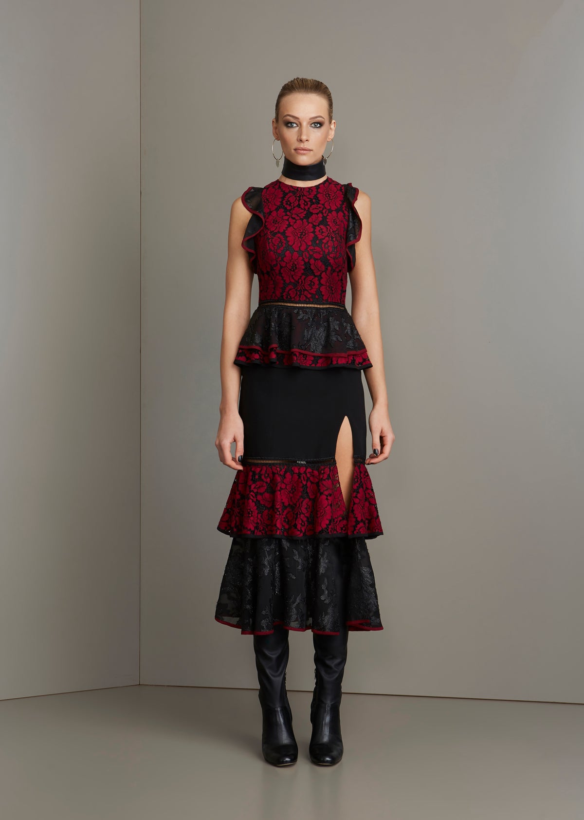 Burgundy and Black Lace Ruffle Midi Dress