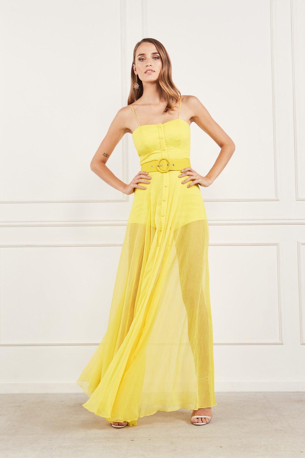 Yellow Sheer Button Up Long Romper with Overlay