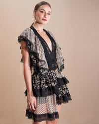Black and Nude Ruffled Floral Polka Dotted Tulle Lace Dress