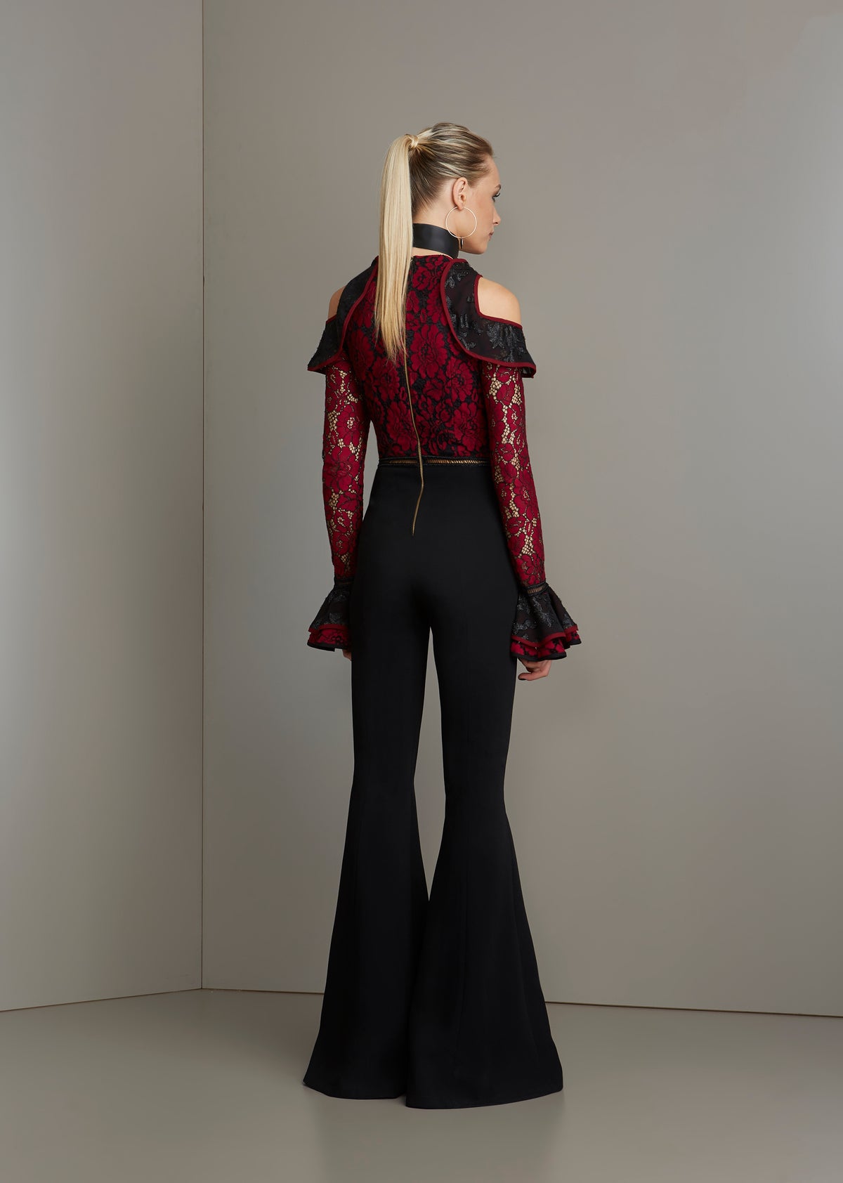 Black and Burgundy Lace Cold Shoulder Jumpsuit