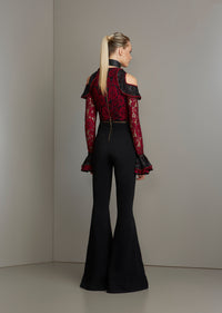 Black and Burgundy Lace Cold Shoulder Jumpsuit