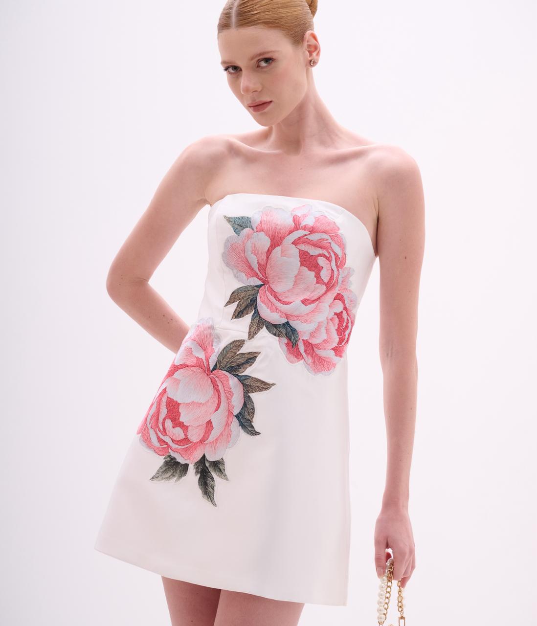 Strapless White Mini Dress with Floral Applique