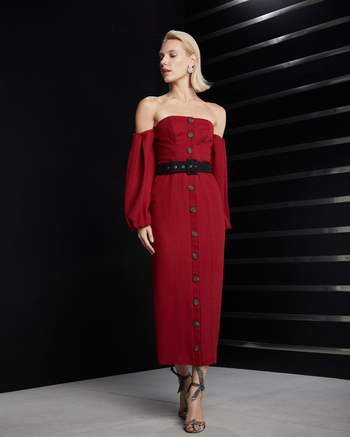 Red Strapless Long Sleeved Midi Dress