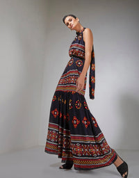 Black Halter Dress with Red and Orange Tribal Embroidery