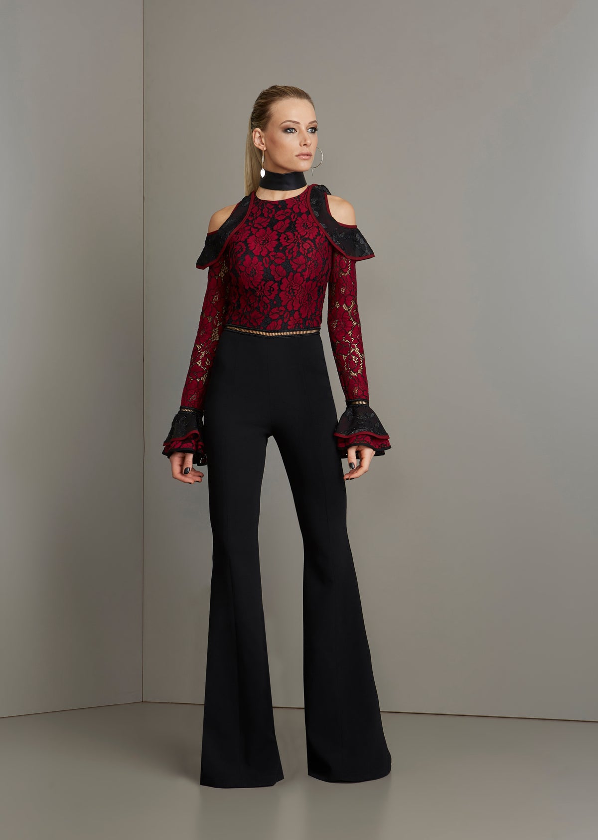 Black and Burgundy Lace Cold Shoulder Jumpsuit