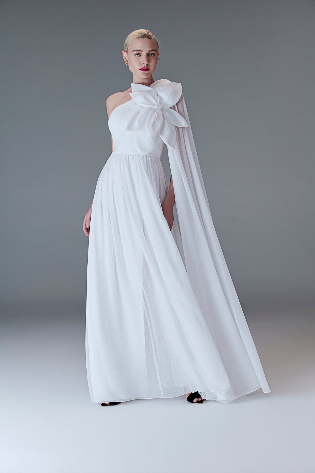White Floral Silk One Shoulder Gown