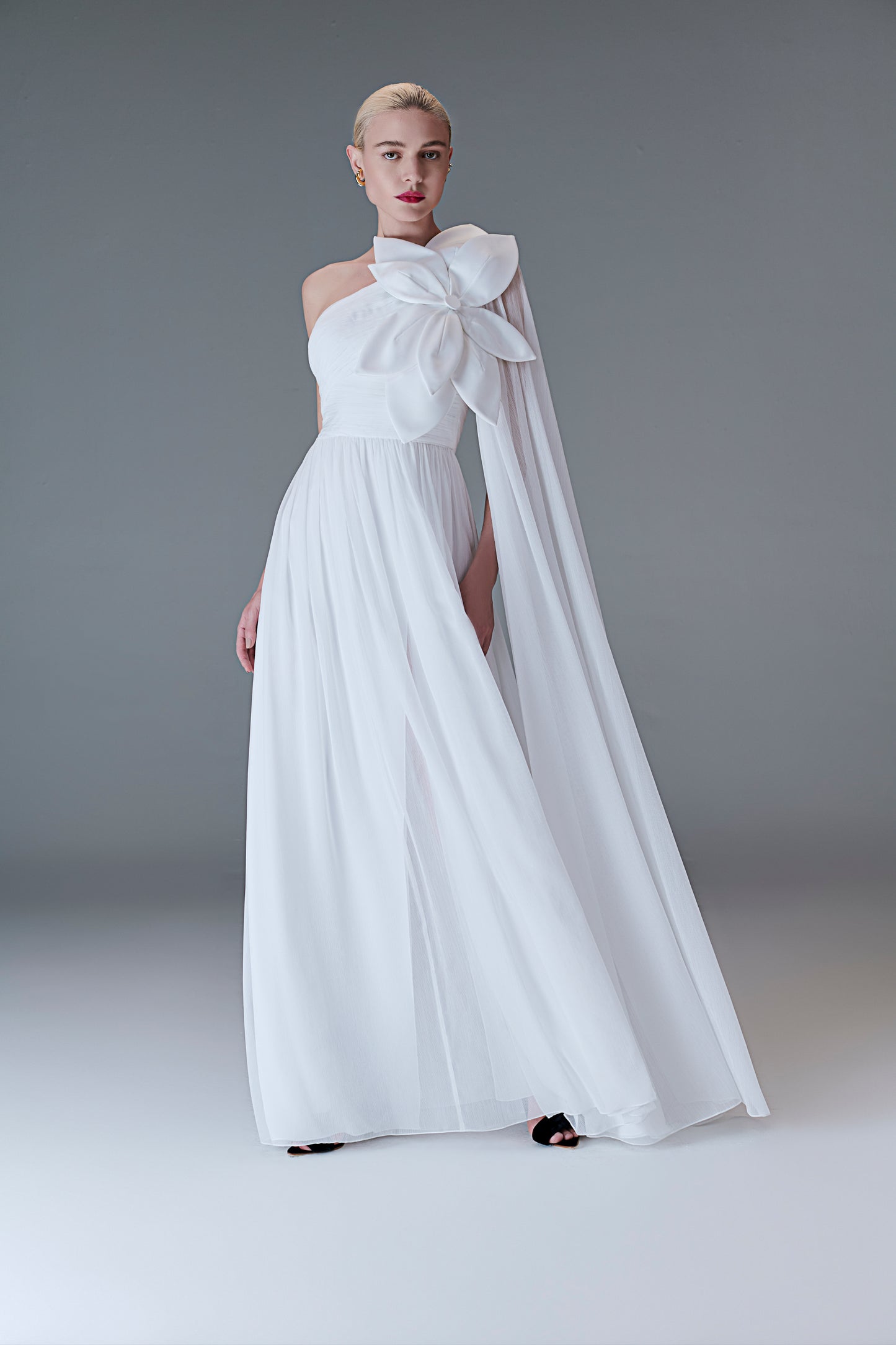 White Floral Silk One Shoulder Gown