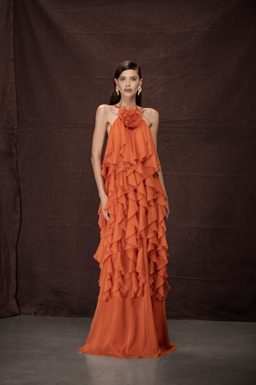 Burnt Sienna Sleeveless Layer Ruffle Center Rosette Detail Long Dress
