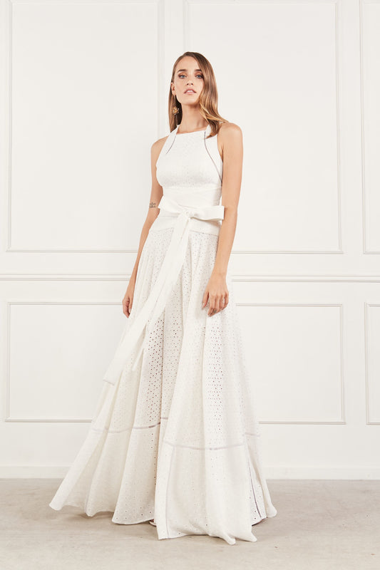White Halter Eyelet Long Dress