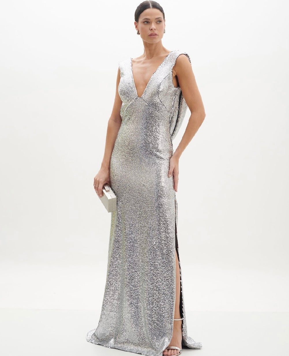 Silver Sequin Draped Back Dress