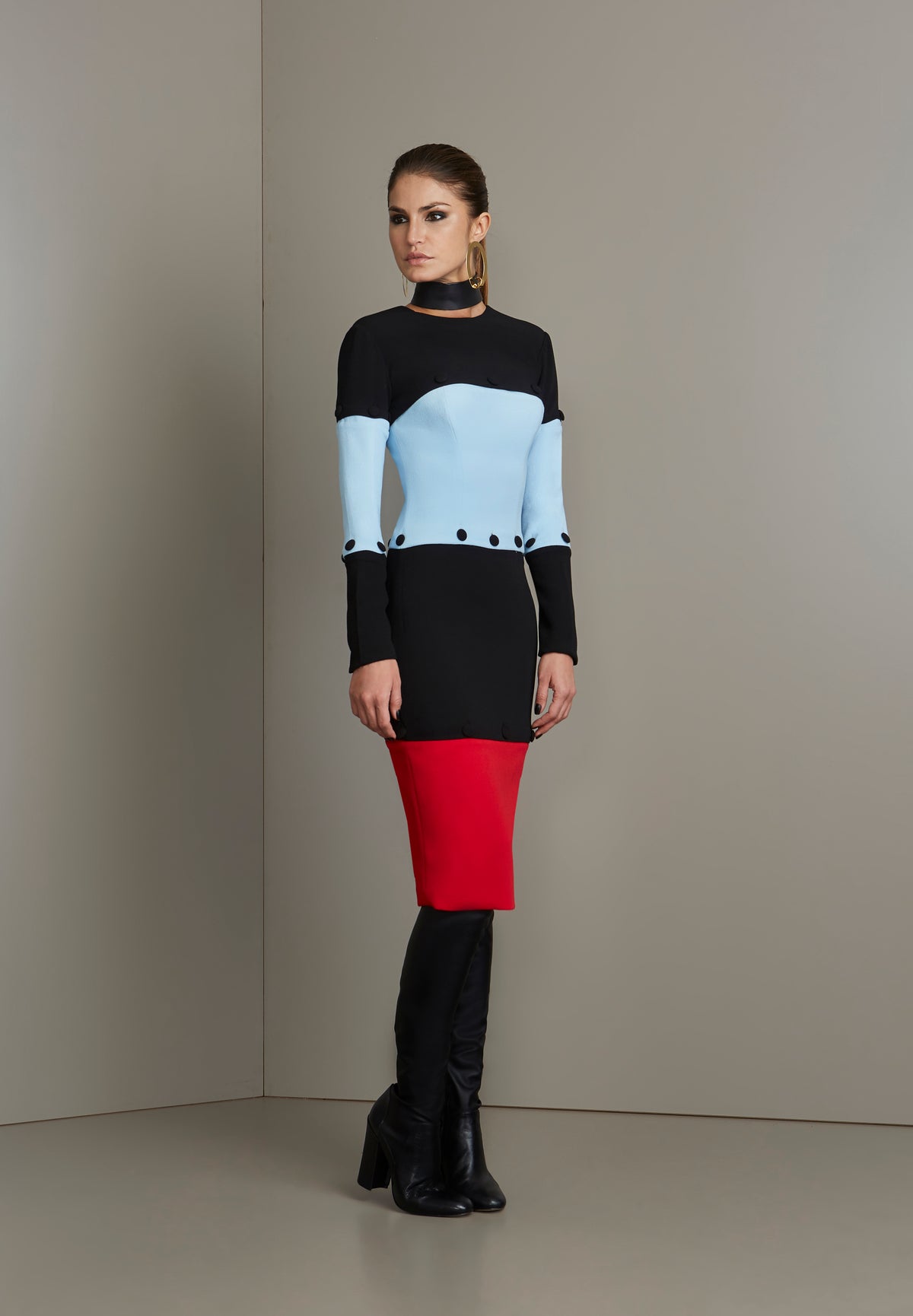 Black Tri Color Long Sleeved Midi Dress