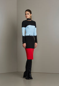 Black Tri Color Long Sleeved Midi Dress
