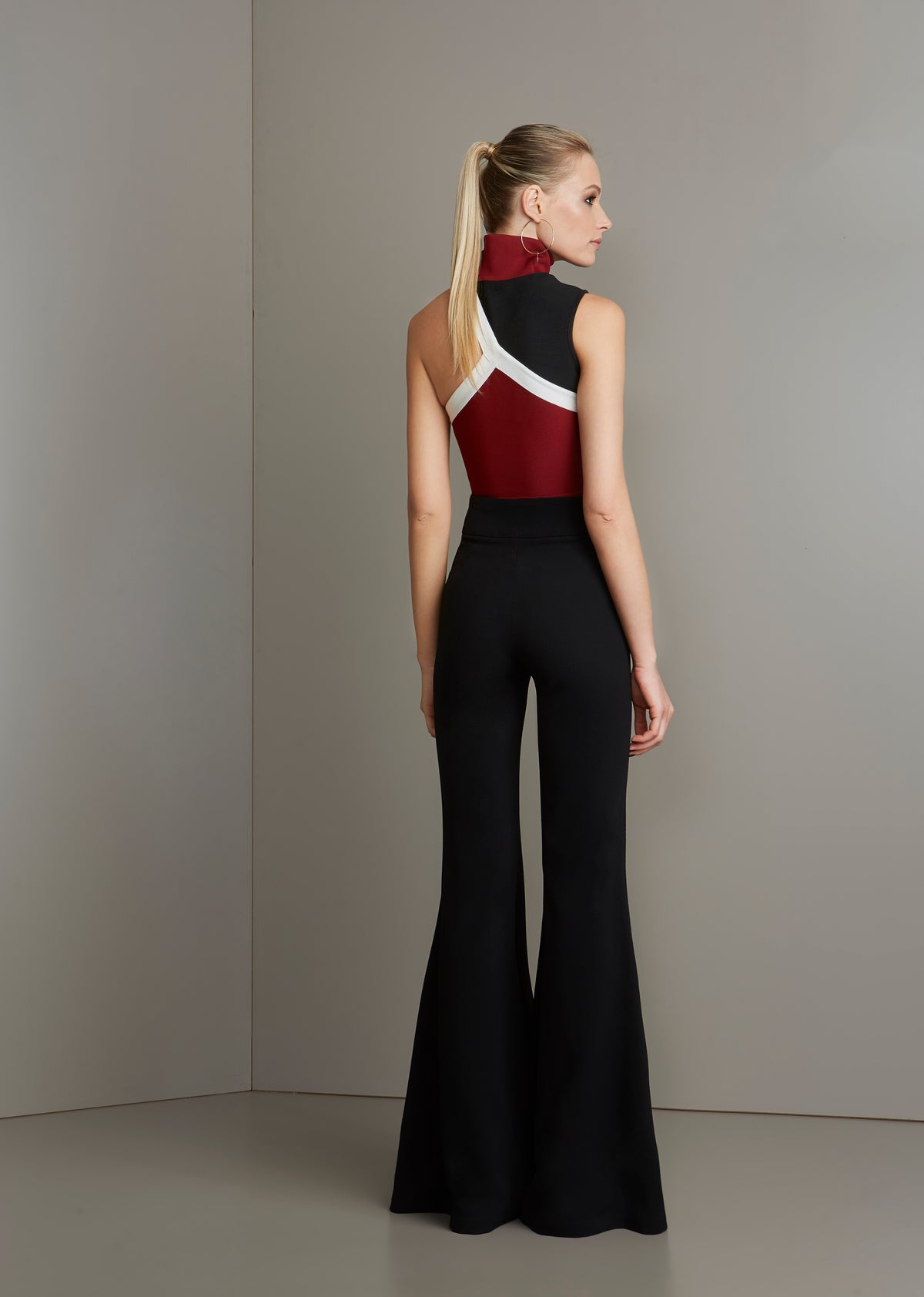 Black White and Burgundy One Shoulder Open Front Slit Jumpsuit