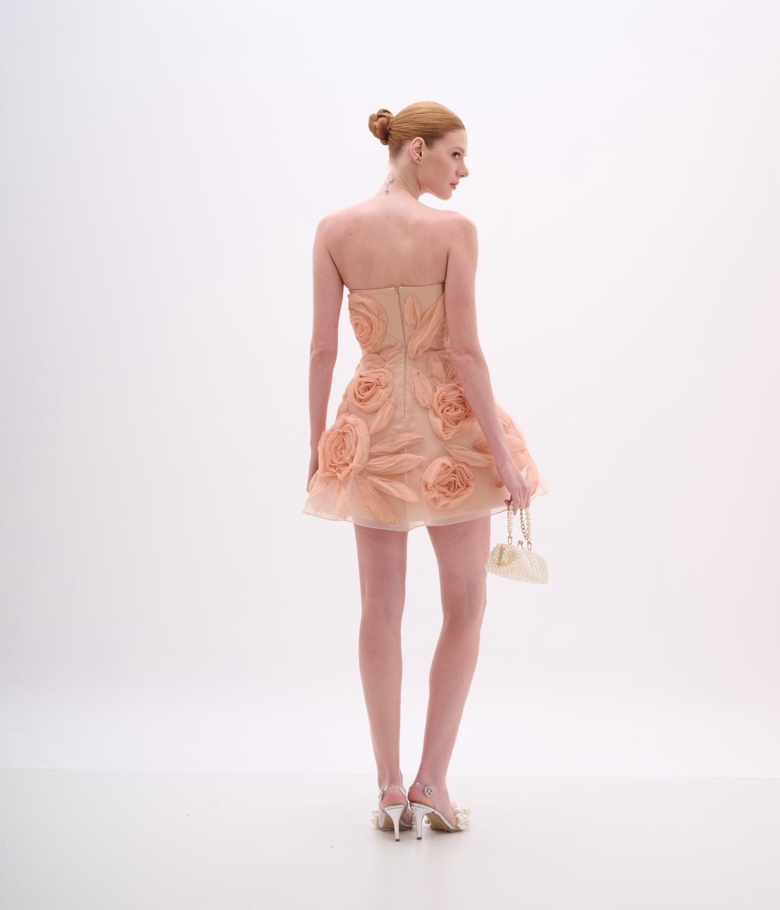 Peach Strapless Mini Dress with Floral Tulle Overlay