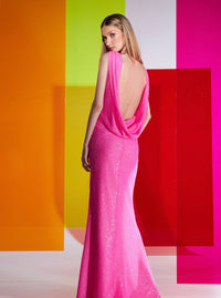 Hot Pink Sequin Draped Low Back Dress