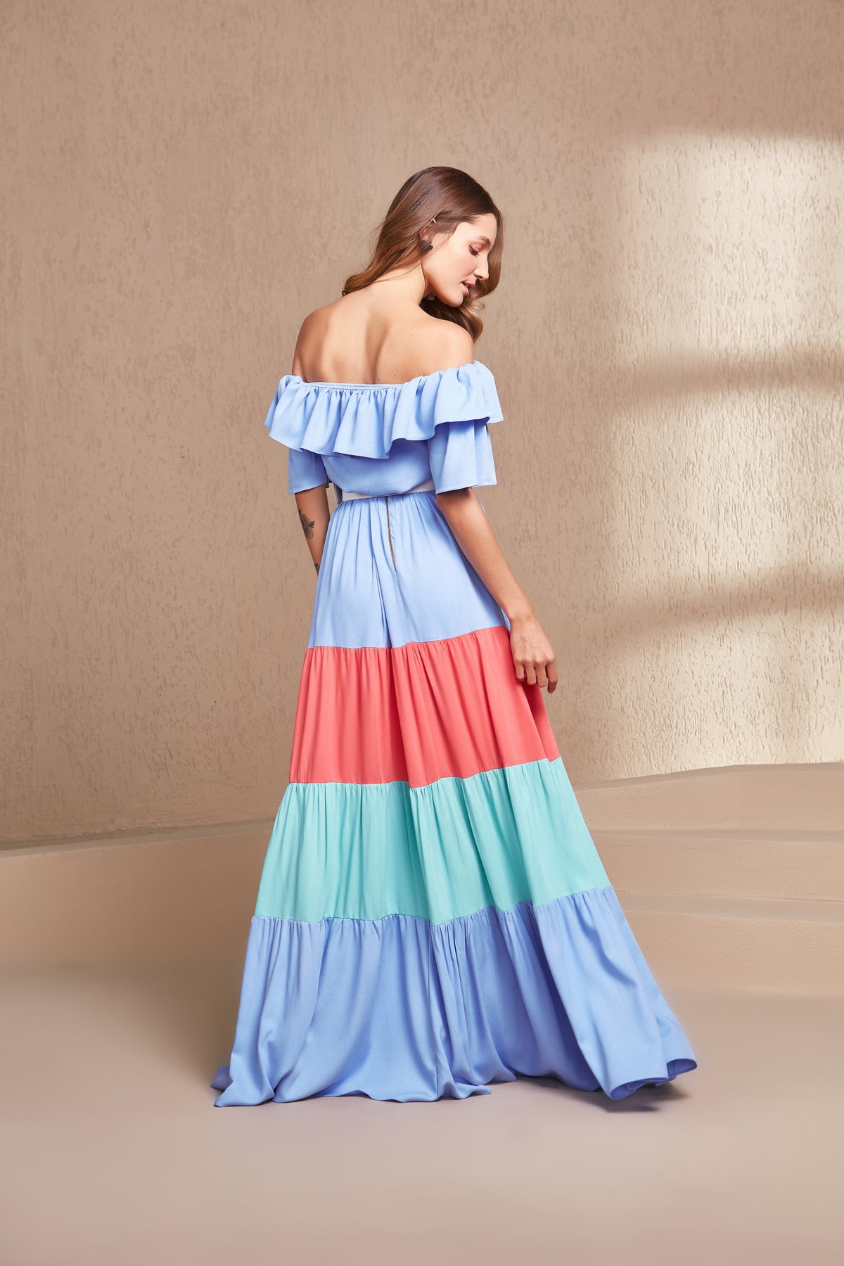 Sky Blue Tri Color Crop Top Two Piece Set