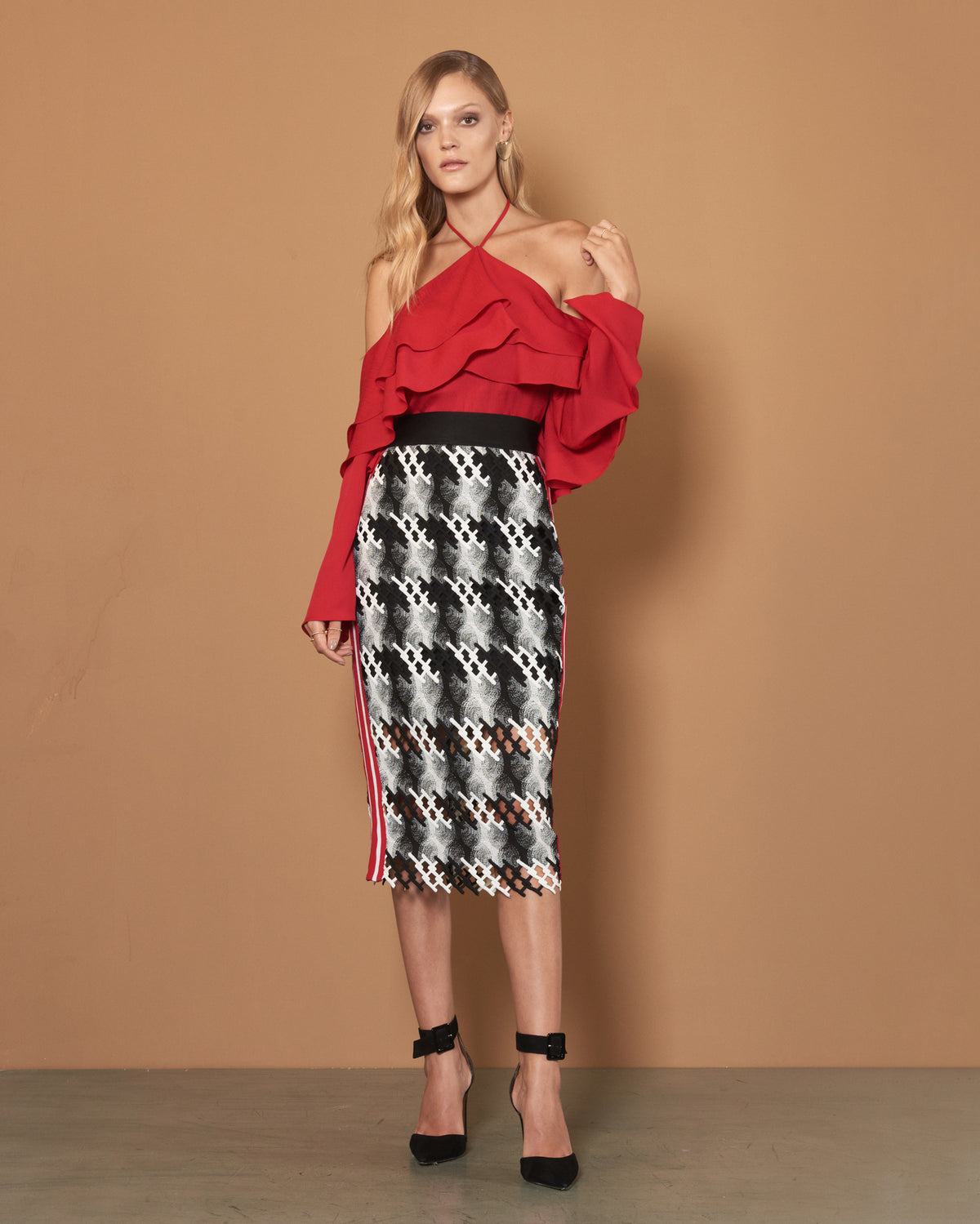 Black and White Midi Skirt with Red Striping on the Side