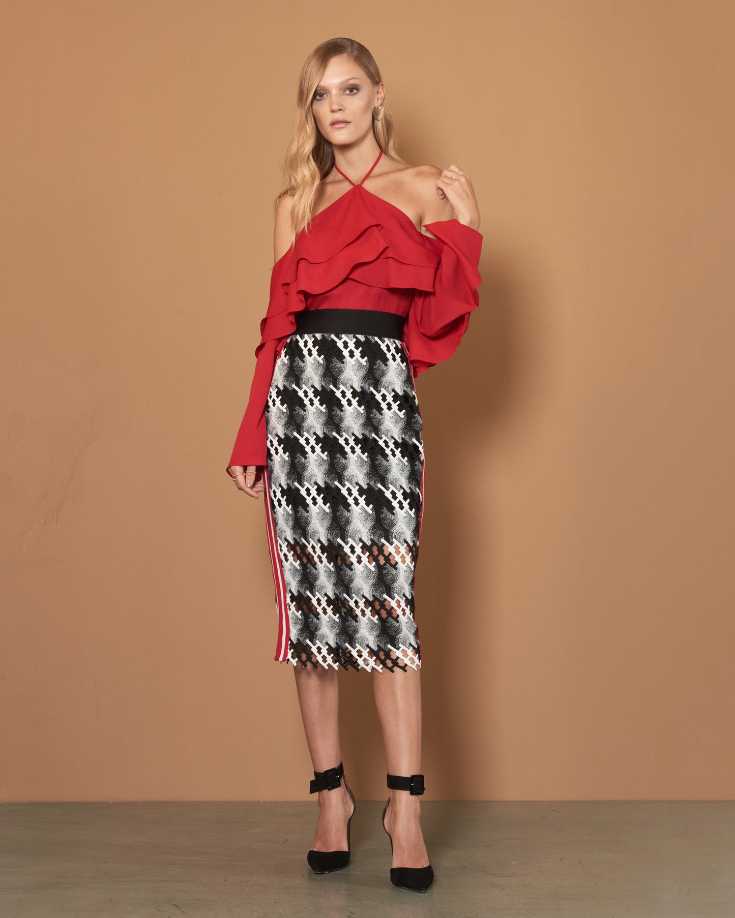 Black and White Midi Skirt with Red Striping on the Side