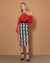 Black and White Midi Skirt with Red Striping on the Side