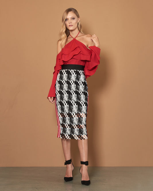Black and White Midi Skirt with Red Striping on the Side