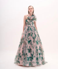 Nude and Green Strapless Ball Gown