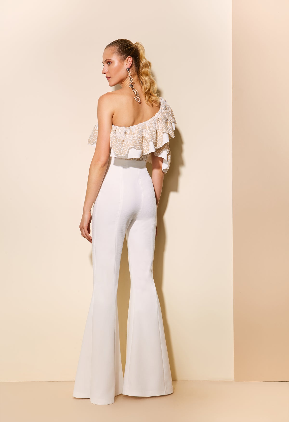 White and Nude Flower One Shoulder Jumpsuit