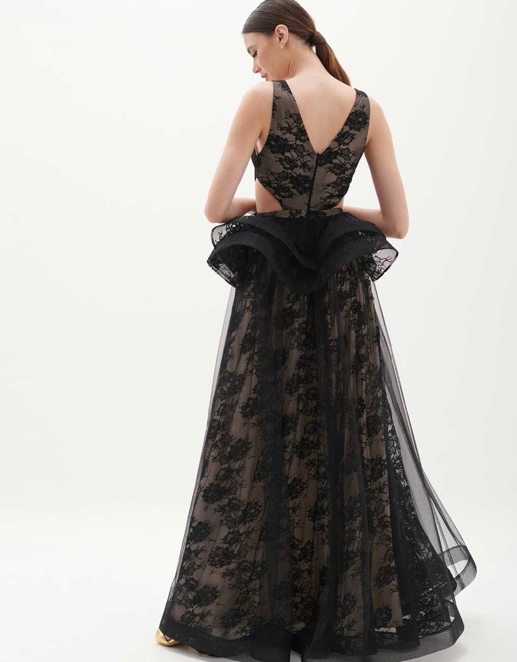 Black and Nude Lace and Tulle Gown