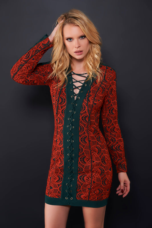 Green and Orange Lace Short Dress with Braided Details