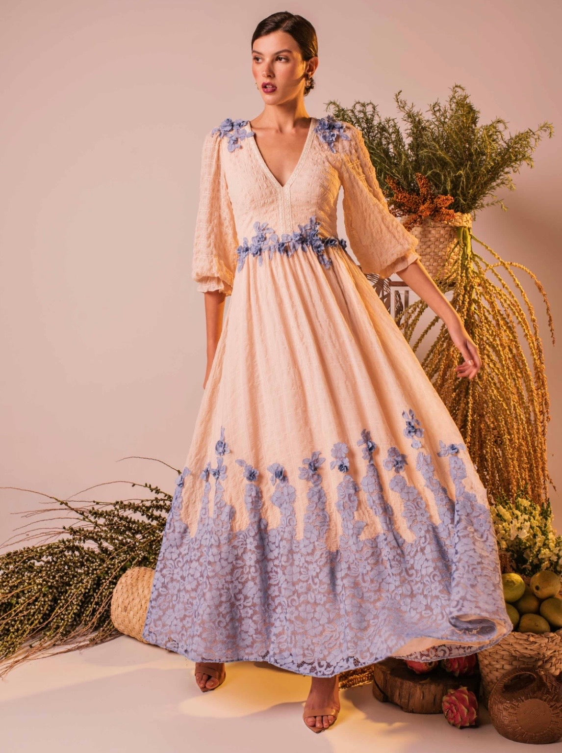 Nude Long Sleeve Full Length Dress With Blue Lavender Lace Applique
