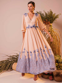Nude Long Sleeve Full Length Dress With Blue Lavender Lace Applique