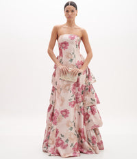 Floral Strapless Gown with Layered Ruffles