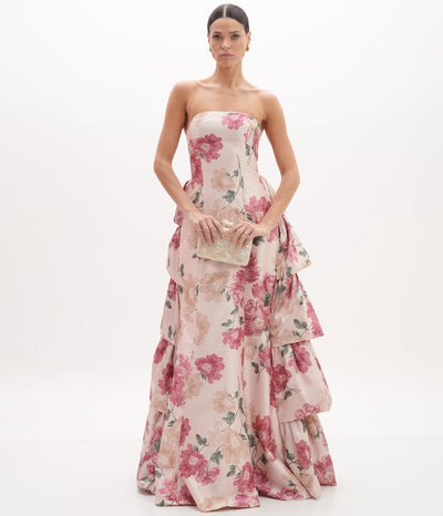 Floral Strapless Gown with Layered Ruffles