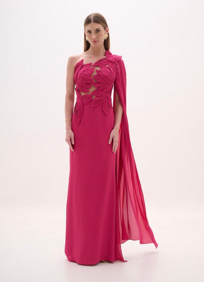 Fuchsia One Shoulder Cape Gown