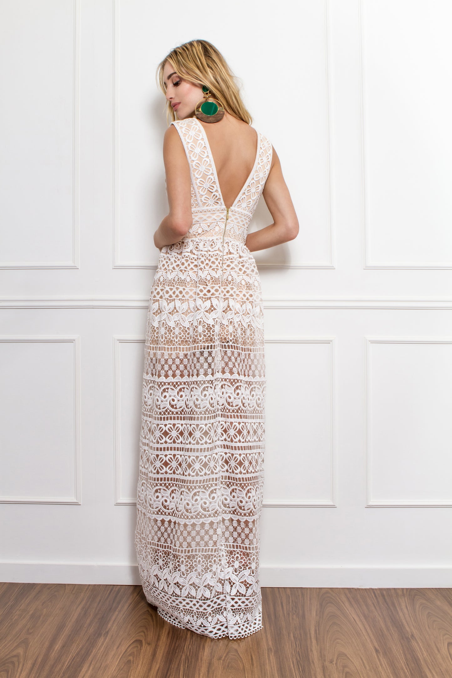 Nude and White Lace Sleeveless Long Dress