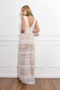 Nude and White Lace Sleeveless Long Dress