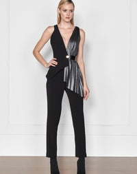 Black and Silver Metallic Pleated Jumpsuit